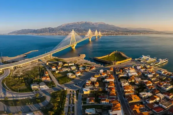 Wide panorama of world famous cable suspension bridge of Rio - Antirio Harilaos Trikoupis, crossing Corinthian Gulf, mainland