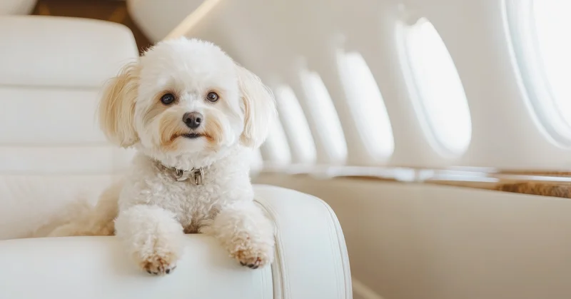 Small white fluffy dog sitting on a white leather seat inside a private jet with windows along the side.