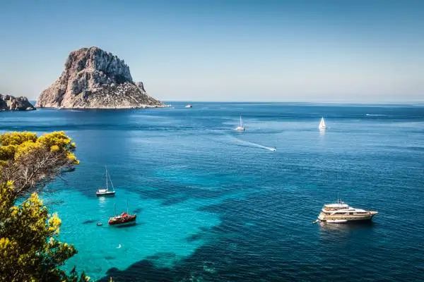 Skyline of boats on the Mediterranean sea near the Baltic island of Formentera in Spain