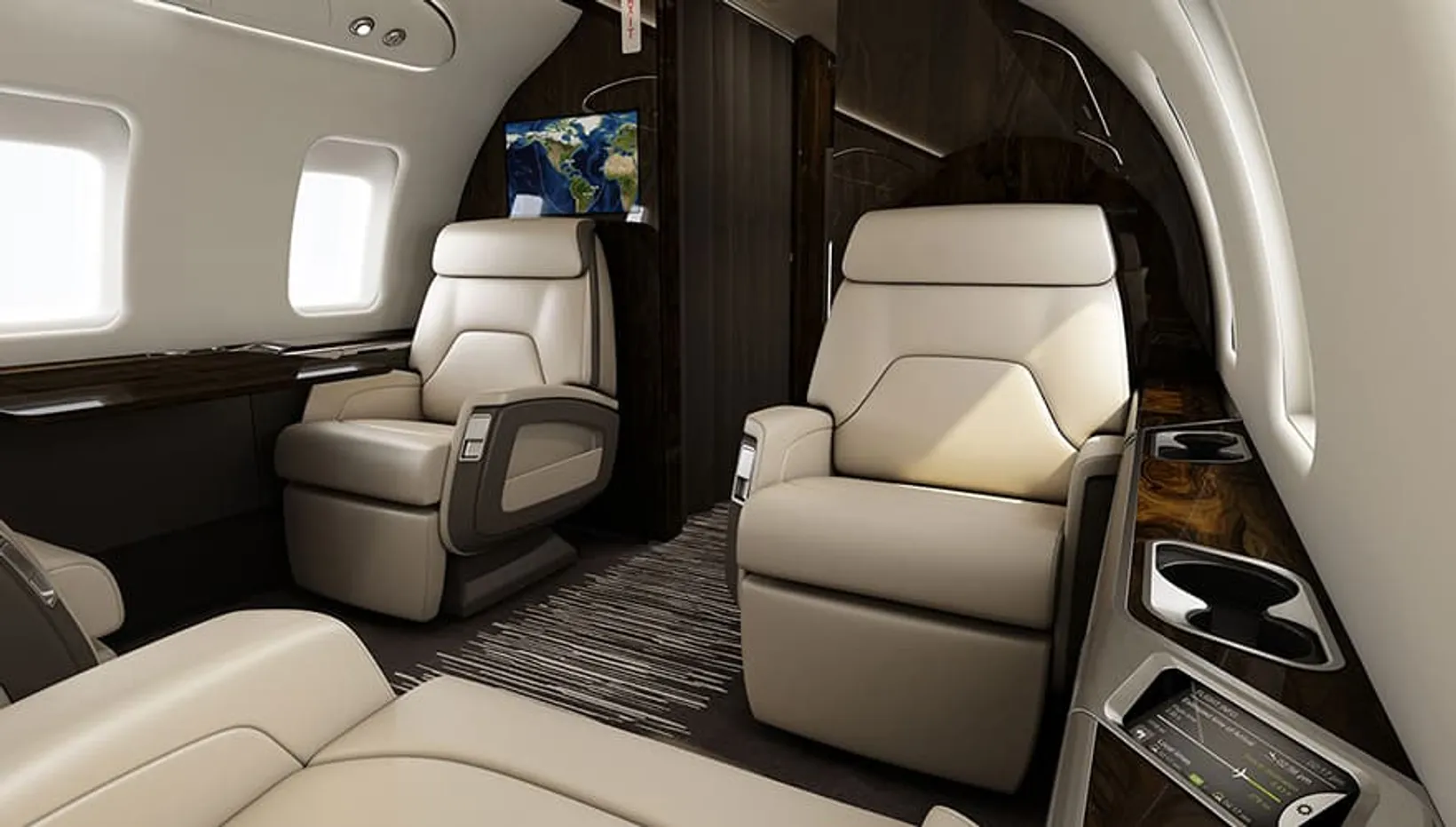 Bombardier Challenger 650 cabin interior showing cream leather seats, wood trim, windows, and overhead monitor displaying ...