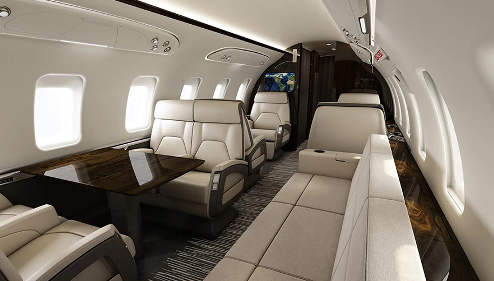 Bombardier Challenger 650 cabin interior showing cream leather seats, windows, overhead storage, dark wood accents, and fo...