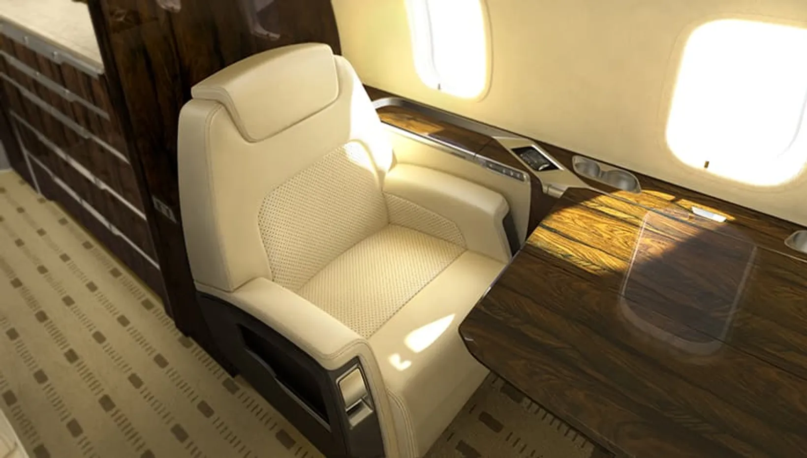 Cream leather seat in luxurious cabin of Bombardier Challenger 350 private jet, with wooden trim, overhead lighting, and w...