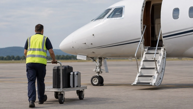 Agente de handling empujando un carro de equipaje hacia un jet privado con la escalerilla desplegada