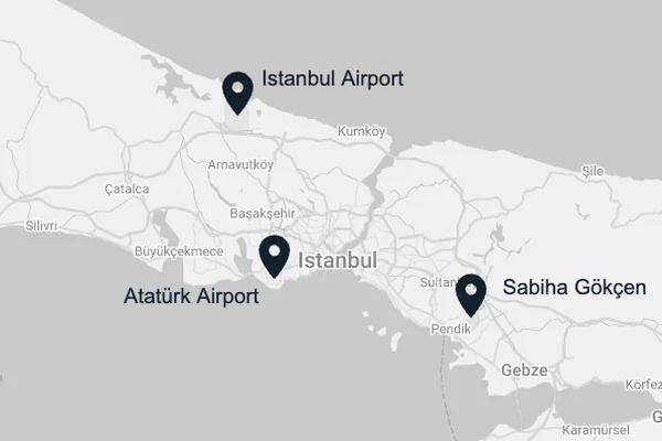 Map of Istanbul area showing the location of the 3 main airports