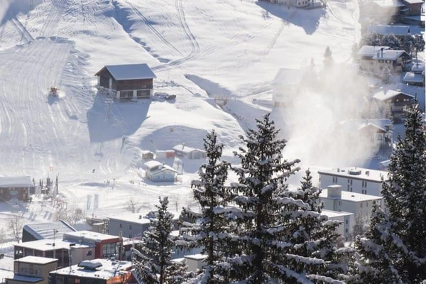 Verschneiter Hang in Davos mit Holzhütte, Tannen und Häusern im Winter