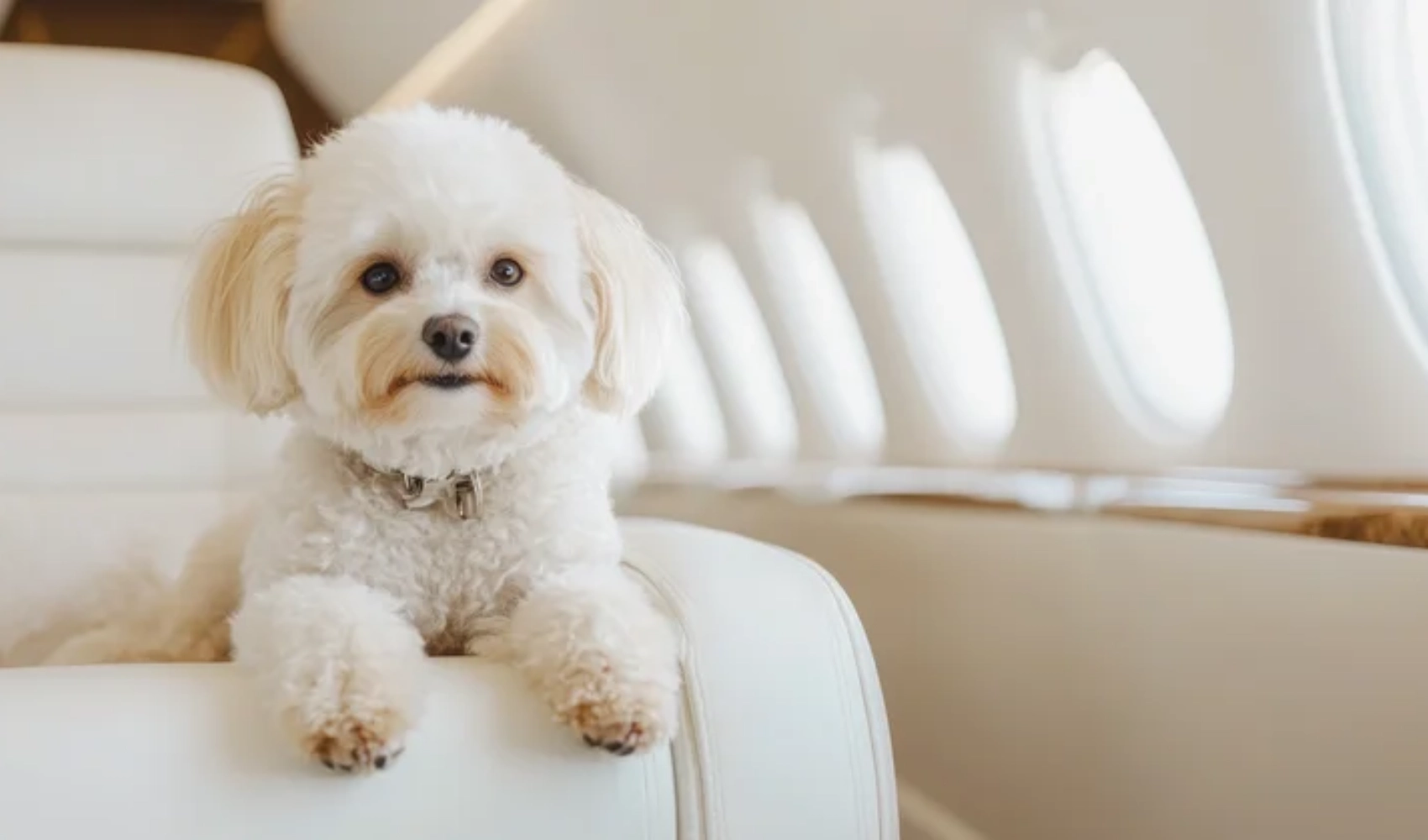 Perro blanco pequeño sentado en un asiento de cuero color crema dentro de un jet privado