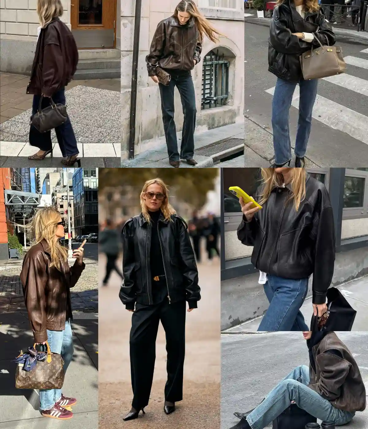 Mosaic of oversized leather bomber jackets in urban street style outfits paired with straight leg jeans and black trousers