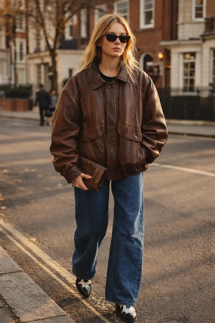 Woman walking on a city street wearing an oversized vintage brown leather bomber jacket, wide-leg blue jeans, black sunglasses, and cowboy boots.