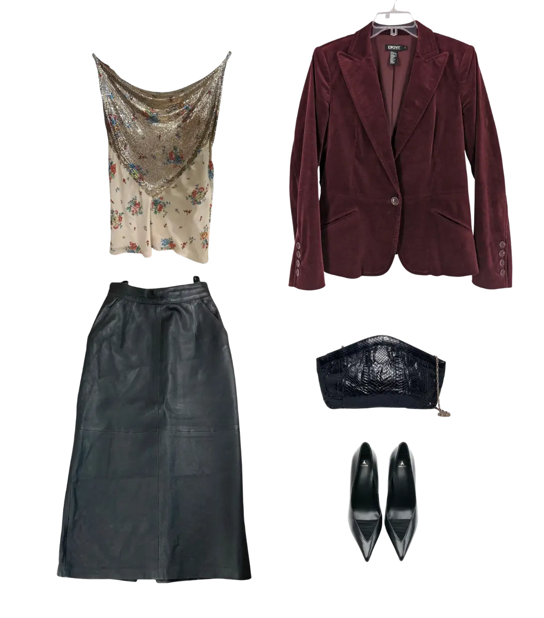Textured top, burgundy blazer, black skirt, pointed shoes, and small clutch for elegant edge.