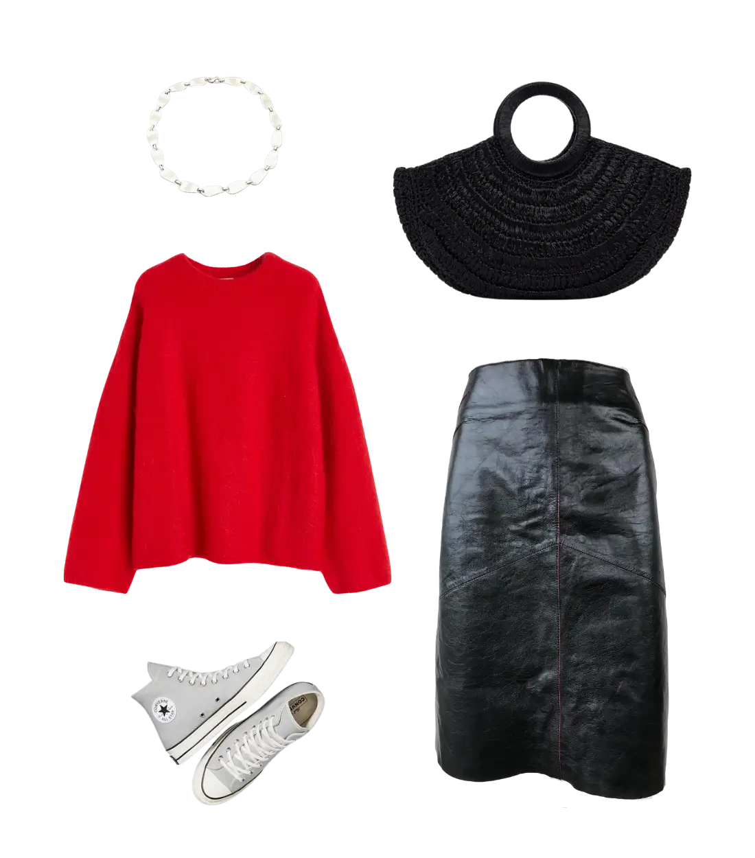 Vibrant red sweater, black skirt, white sneakers, and woven clutch for bold casual contrast.