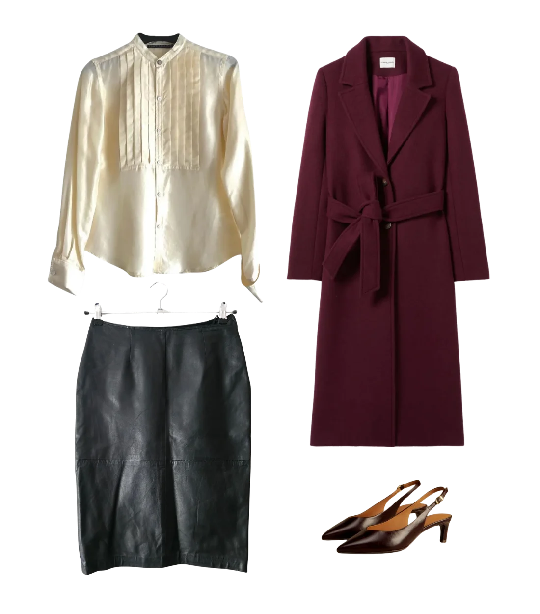 Elegant white blouse, black leather skirt, burgundy coat, and pointed heels for structured sophistication.