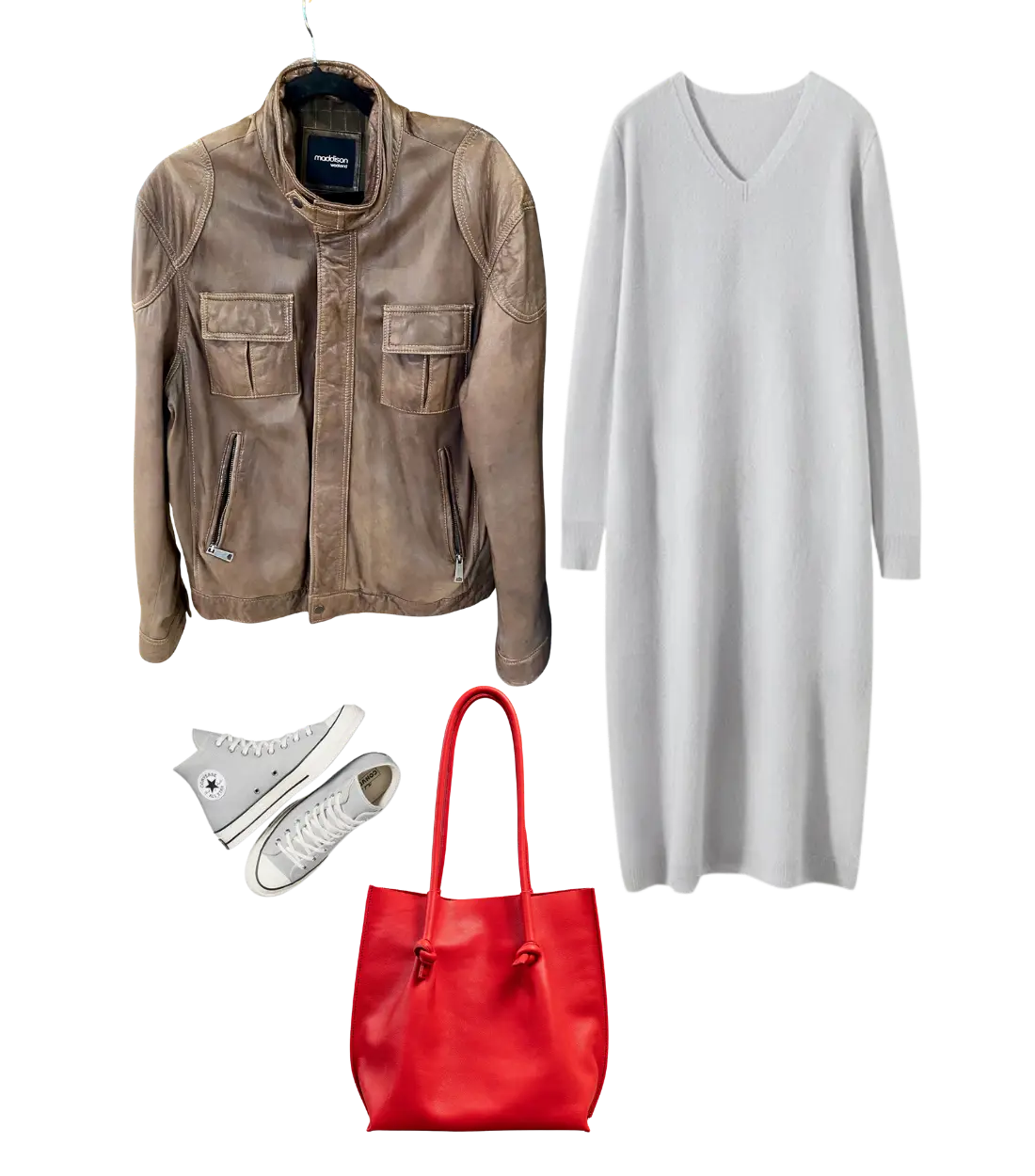 Distressed leather jacket over a gray knit dress, accented by a red tote and converse sneakers.