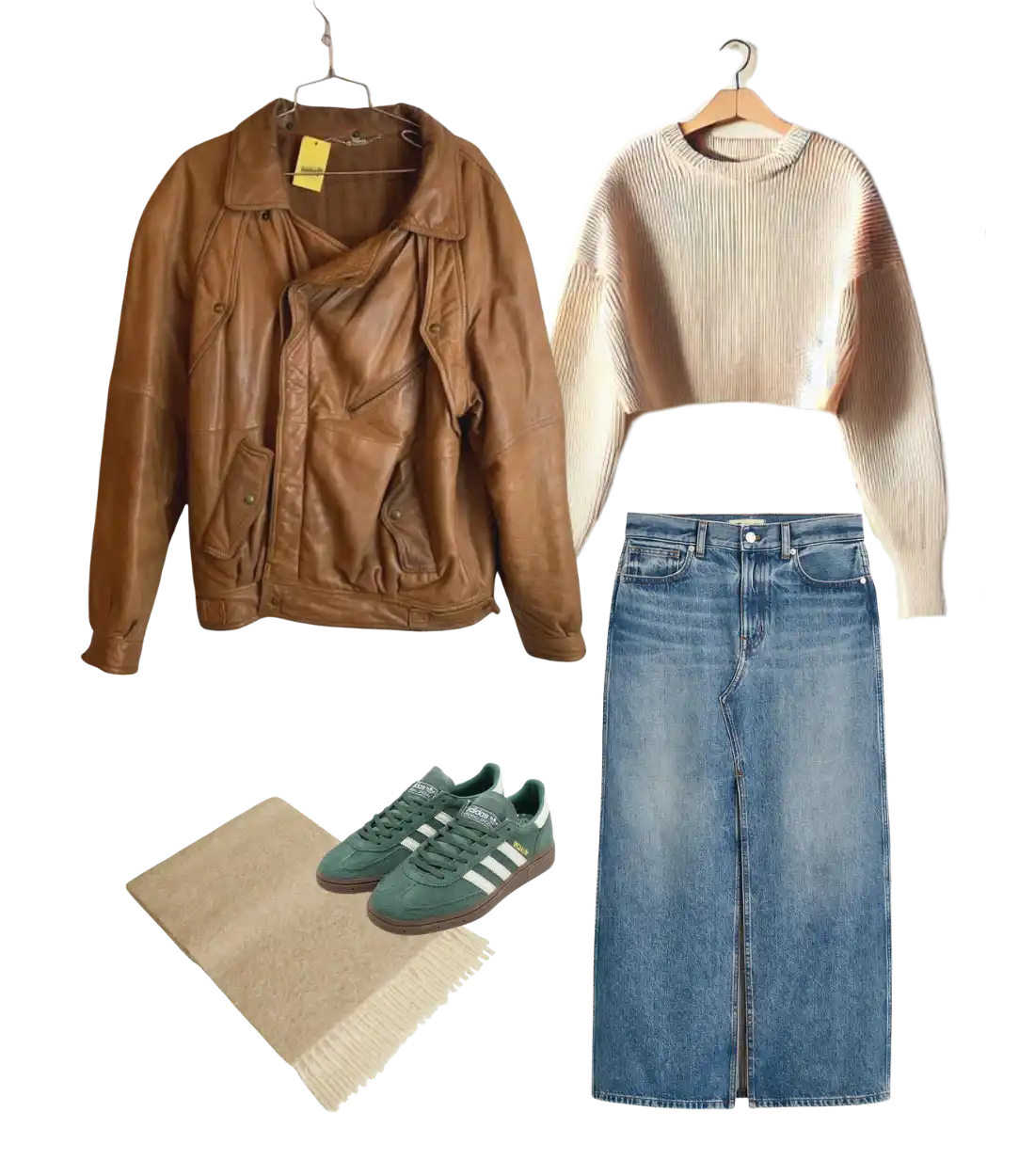 Brown leather jacket layered over a knit top and jeans with a printed bag and green sneakers.
