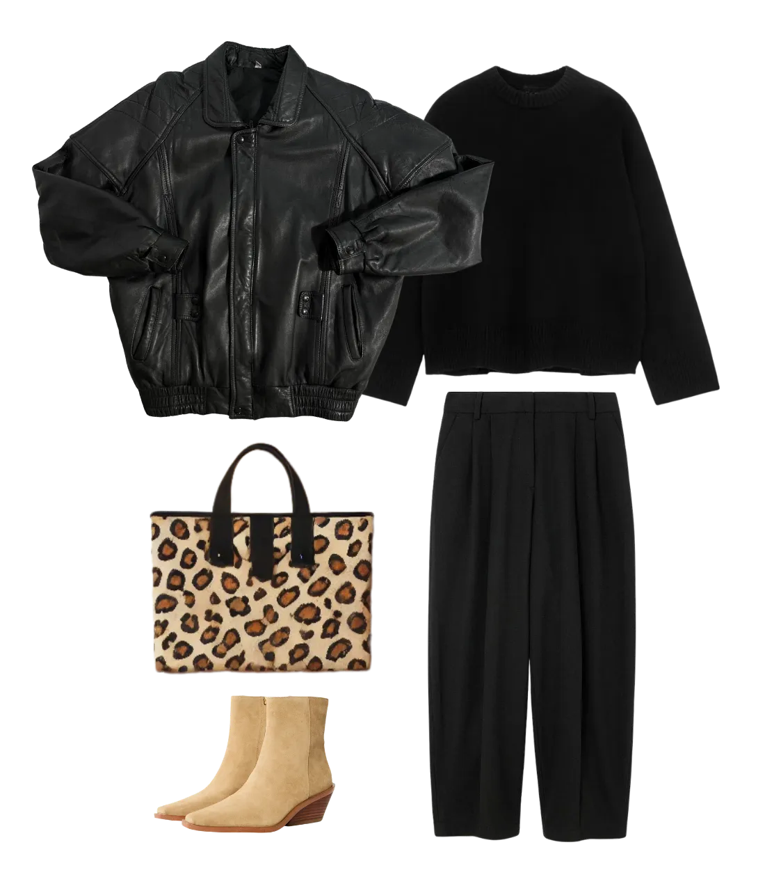 Black leather jacket with black sweater and trousers, complemented by a patterned tote and beige boots.