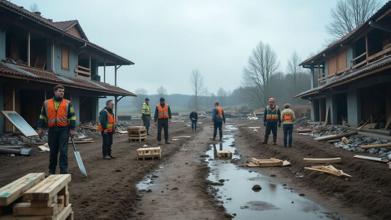 Chaotische Baustelle mit verzögertem Bauablauf und unsortierten Materialien