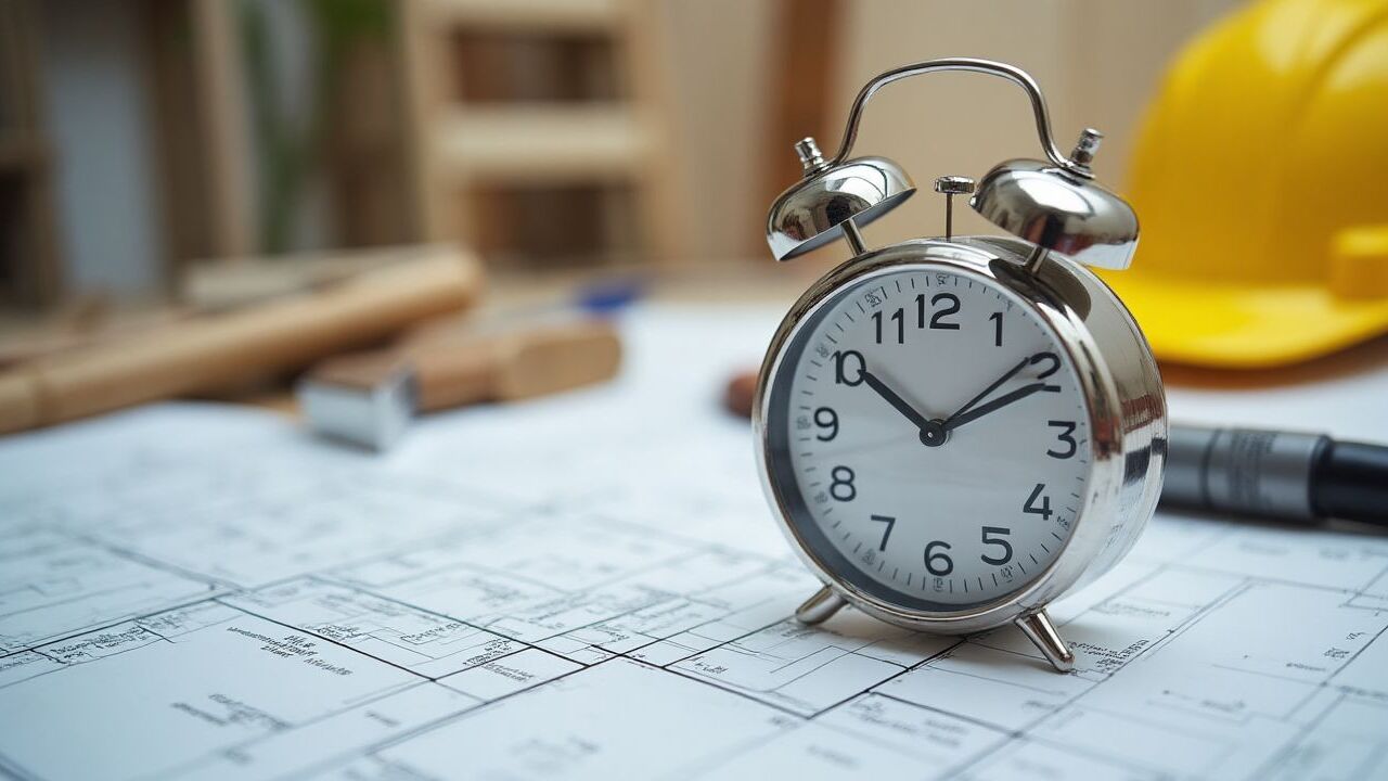 Close-up of a clock placed on architectural blueprints on a construction site table, construction tools around, realistic photo