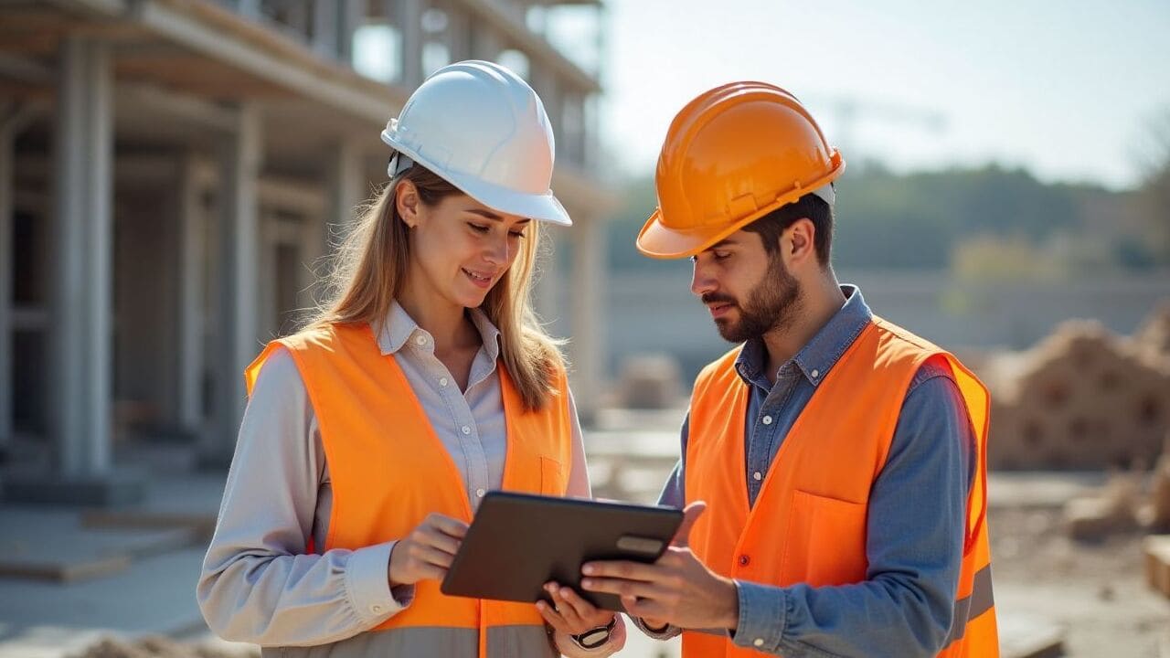 Bauleiterin zeigt einem Subunternehmer am Tablet den Flexxter-Bauzeitenplan auf der Baustelle