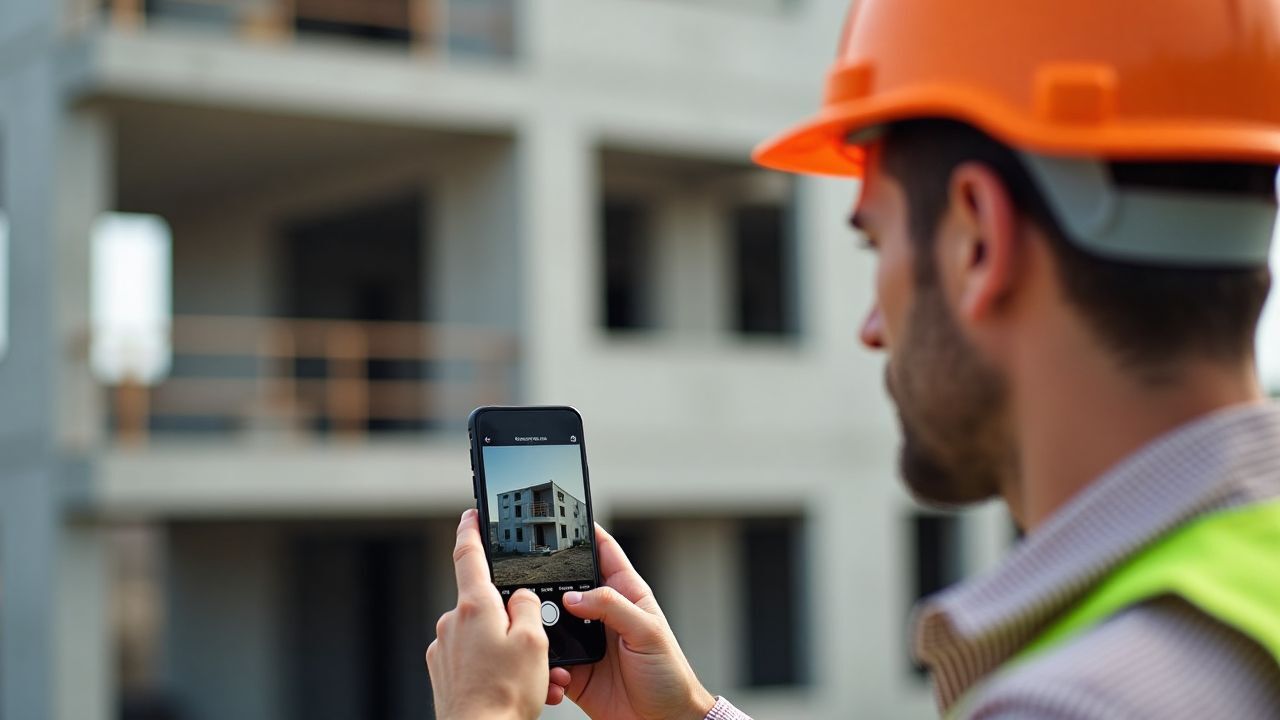 Bauarbeiter erfasst Mängel direkt vor Ort mit Flexxter-App auf Smartphone
