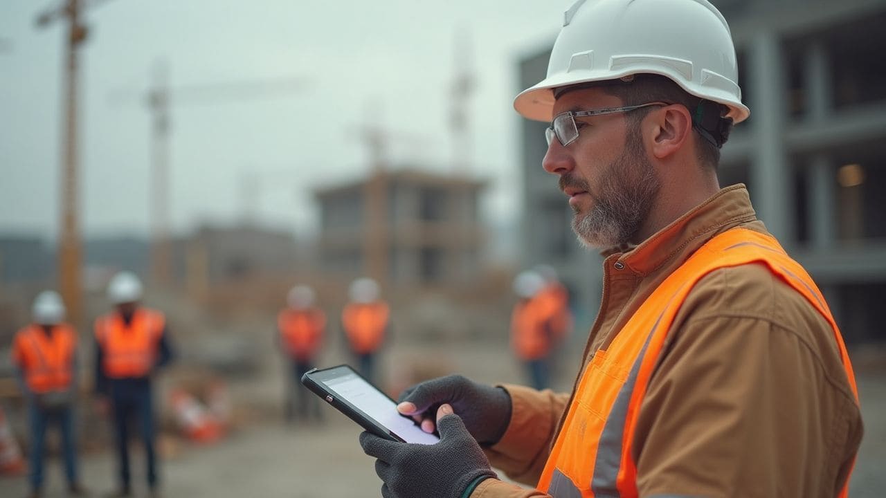Bauleiter mit weißem Helm auf Baustelle nutzt Bautagebuch-App von Flexxter auf Tablet