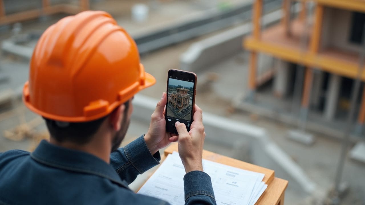 Bauleiter macht Fotos und erfasst Daten mit Bautagebuch-App