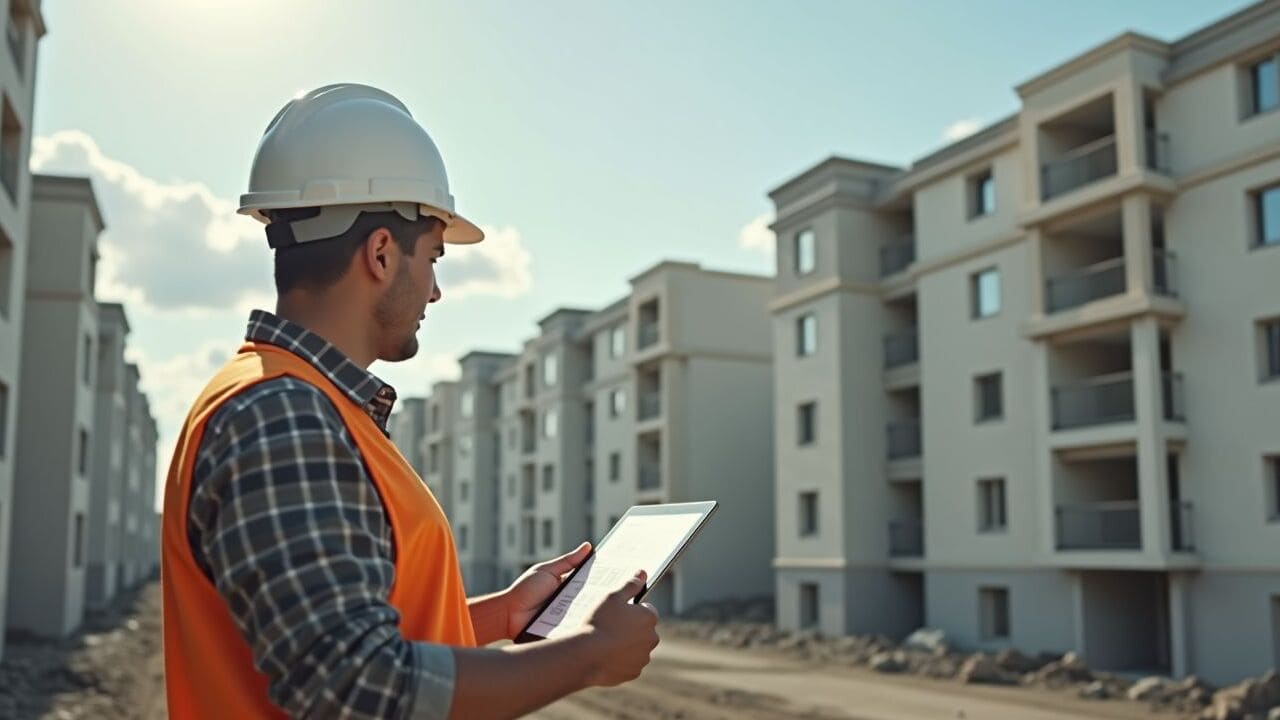 Bauleiter auf Baustelle von Wohnungen mit Tablet in der Hand