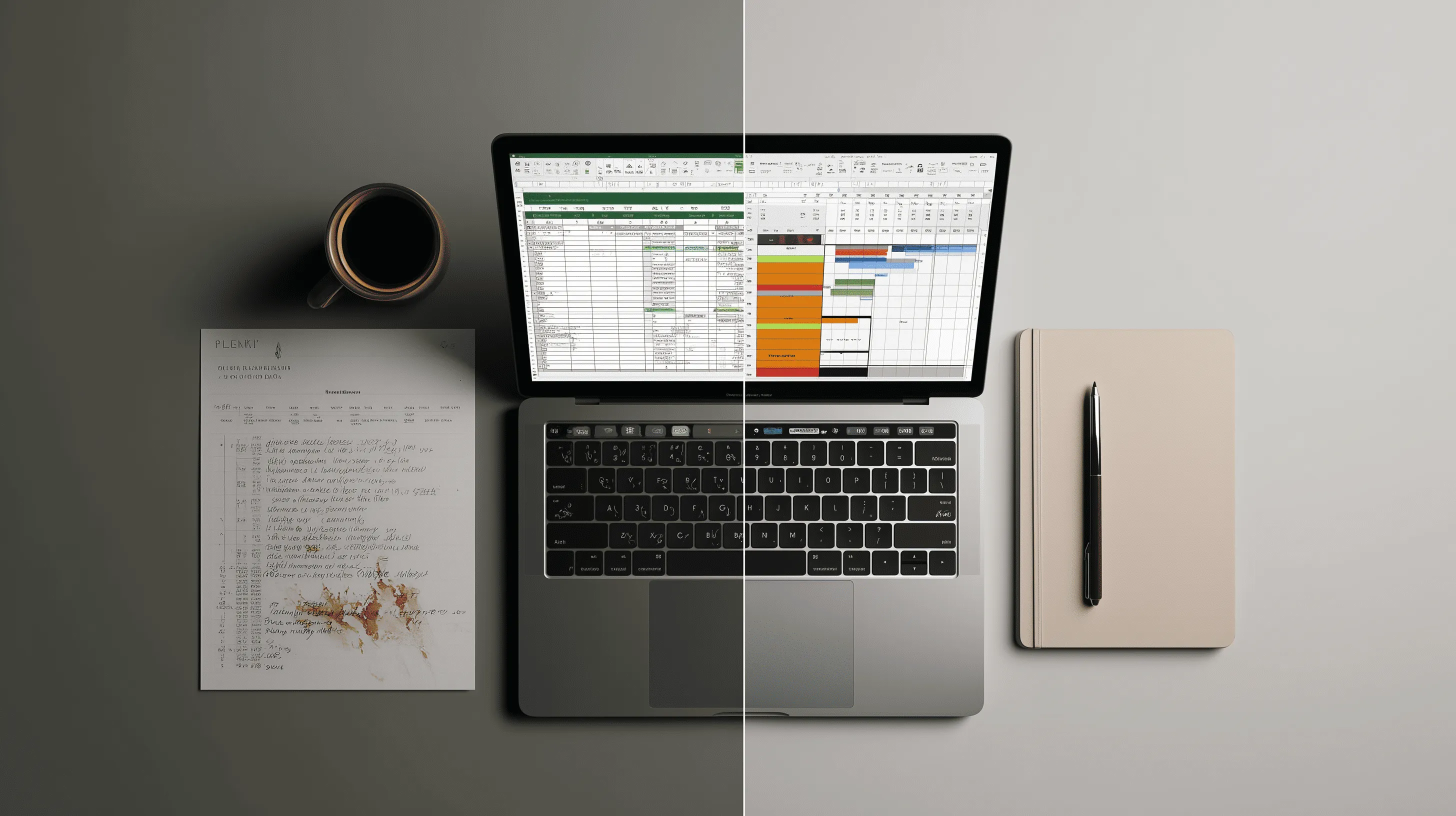 Ein direkter Vergleich zwischen einem unübersichtlichen Excel-Balkenplan und einer modernen, klaren Gantt-Diagramm-Software für das Projektmanagement.