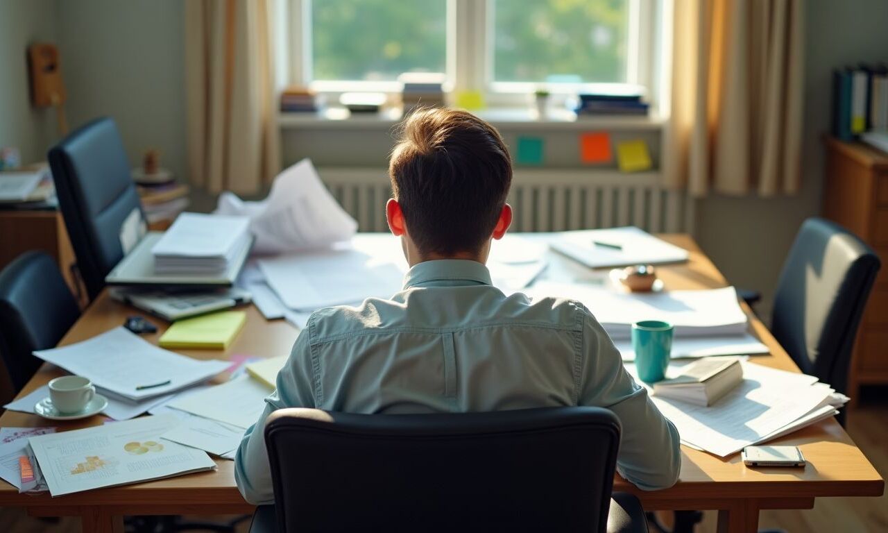 Messy office desk and a frustrated project manager