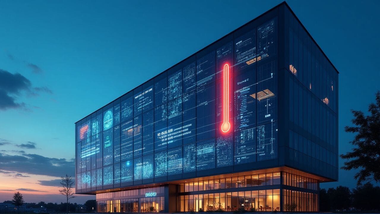 Modernes Gebäudefassade überlagert mit visuellen Sensordaten (Temperatur, Energieverbrauch etc.)