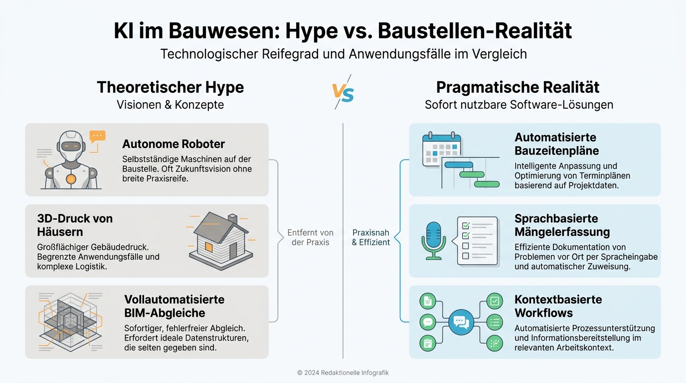 Infografik zum Vergleich von unrealistischem KI-Hype und pragmatischer Baustellen-Realität für Bauunternehmen