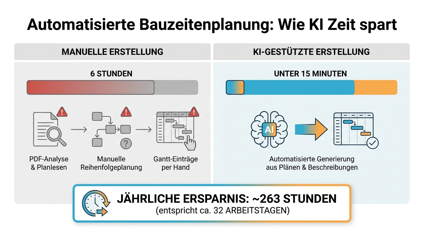 Vergleich der Arbeitszeit bei der Bauzeitenplanung mit und ohne KI-Unterstützung