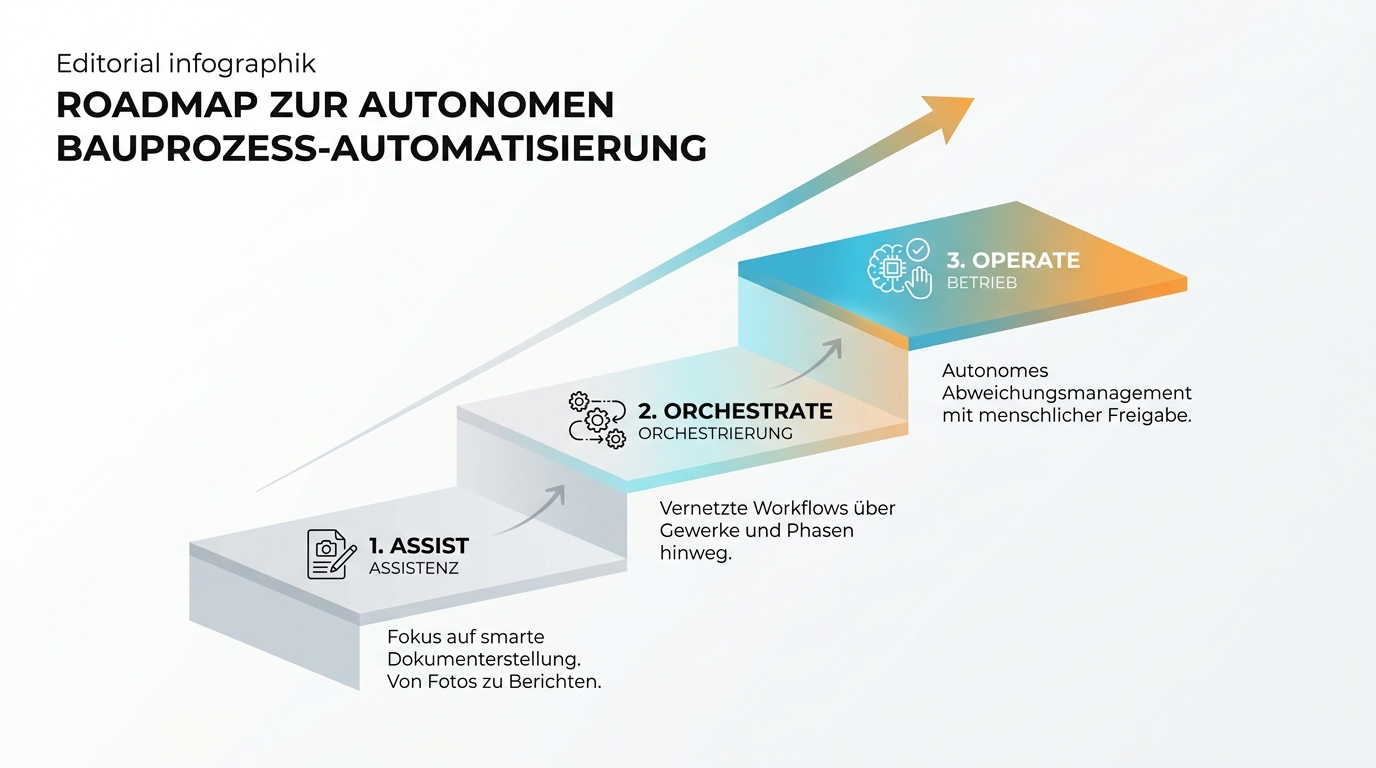 Roadmap-Grafik der Evolutionsstufen von Assist über Orchestrate zu Operate in der Bausoftware