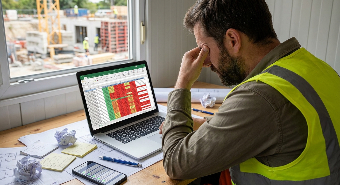 Ein Bauleiter im Baubüro blickt gestresst auf Excel-Tabellen und unzählige Notizzettel vor dem Fenster zur Baustelle.