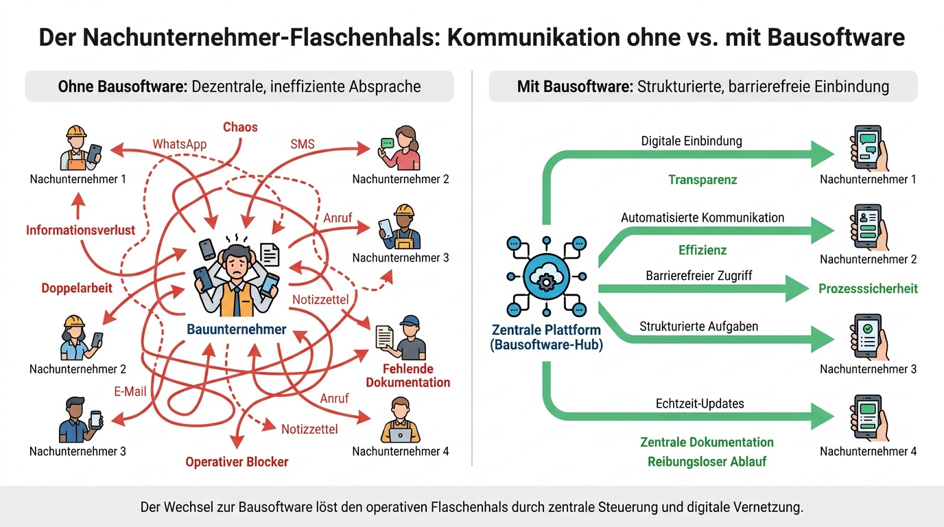 Infografik zum Vergleich zwischen chaotischer, dezentraler Kommunikation und strukturierter Nachunternehmer-Anbindung.