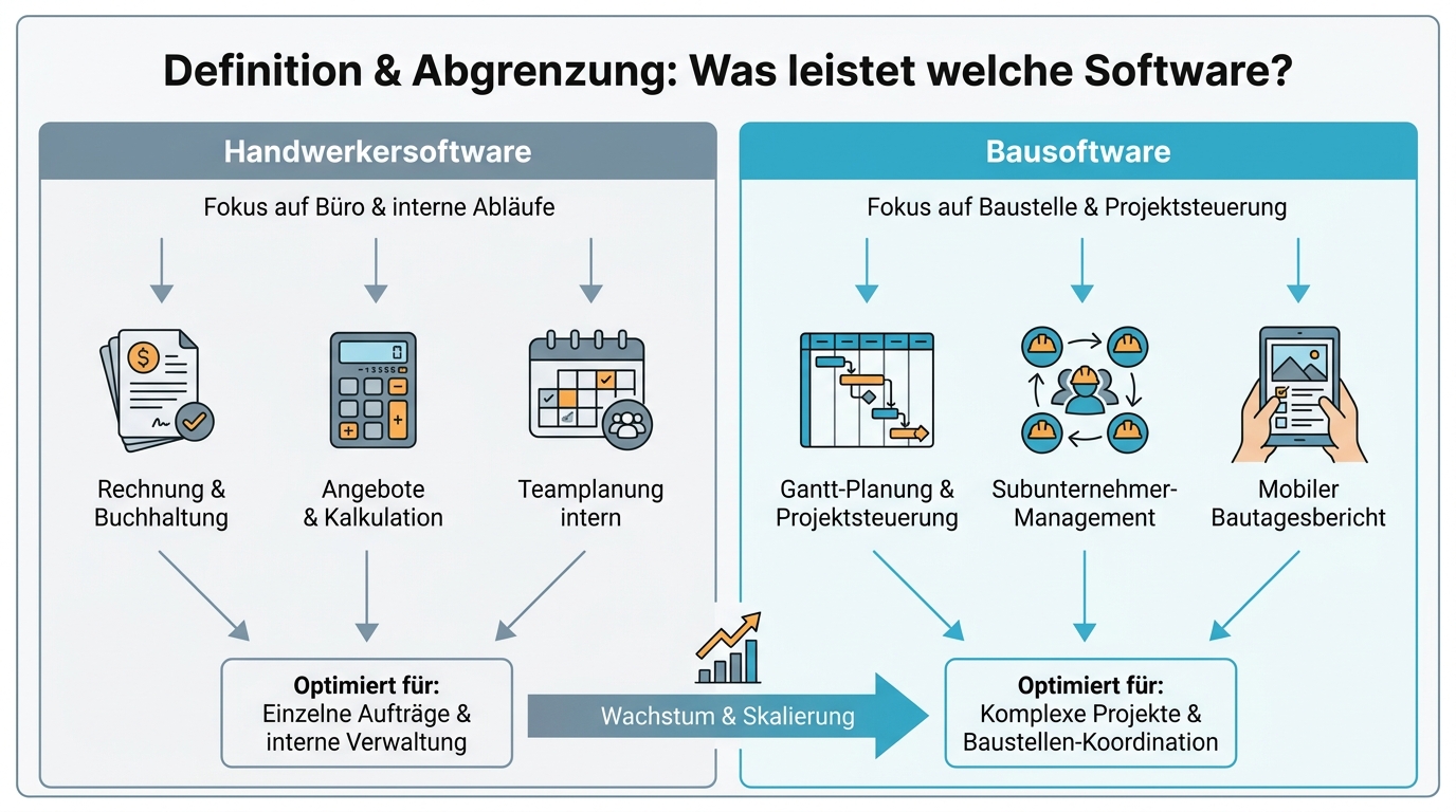 Gegenüberstellung der Funktionsbereiche von Handwerkersoftware (Büro) und Bausoftware (Baustelle) als übersichtliche Infografik.