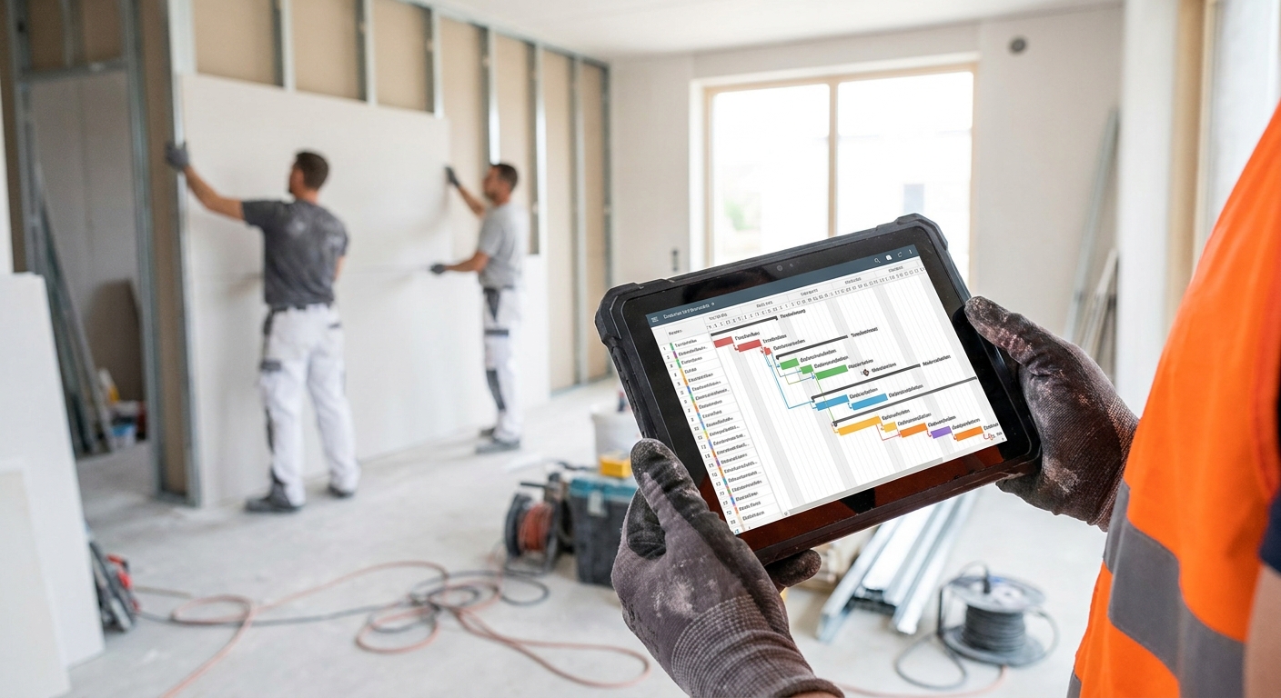 Nahaufnahme eines Tablets mit digitalem Bauzeitenplan auf einer aktiven Baustelle im Innenausbau.
