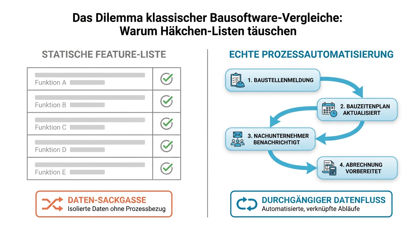 Infografik zum Vergleich zwischen einer statischen Feature-Checkliste und einem dynamischen, durchgängigen Datenfluss in einer Bausoftware