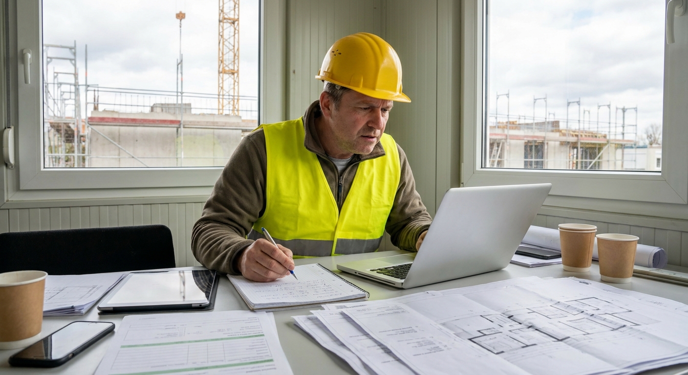 Ein Bauleiter arbeitet konzentriert im Baubüro-Container zwischen Papierstapeln, Plänen und Laptop