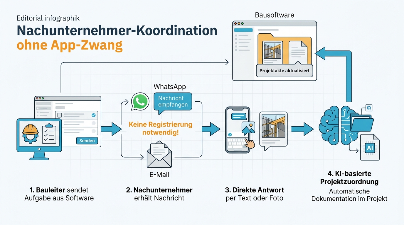 Ablauf-Infografik zur nahtlosen Koordination von Nachunternehmern über WhatsApp und E-Mail direkt im System