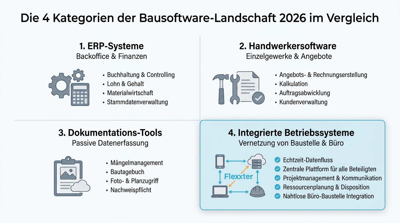 Infografik zur Einordnung der vier Hauptkategorien von Bausoftware auf dem Markt
