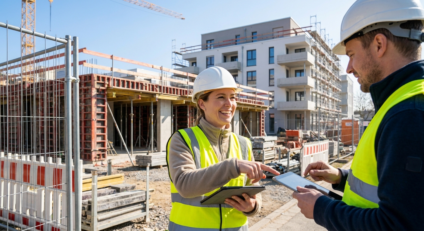Bauleiterin bespricht auf der Baustelle eine dynamische Änderung auf dem Tablet mit einem Handwerker
