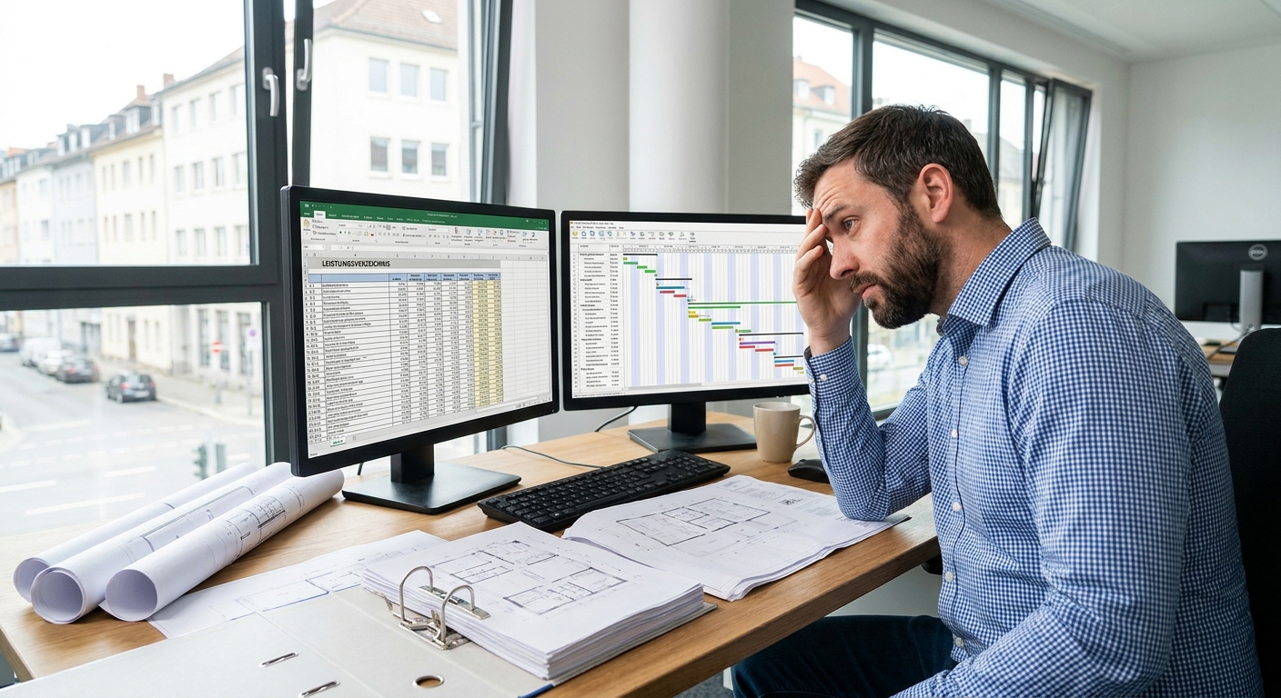 Planer im Baubüro arbeitet parallel an zwei getrennten Monitoren mit unkoordinierten Daten