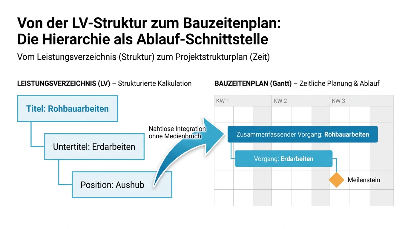 Infografik zum Mapping von Leistungsverzeichnis-Titeln in Phasen und Meilensteine eines Gantt-Charts