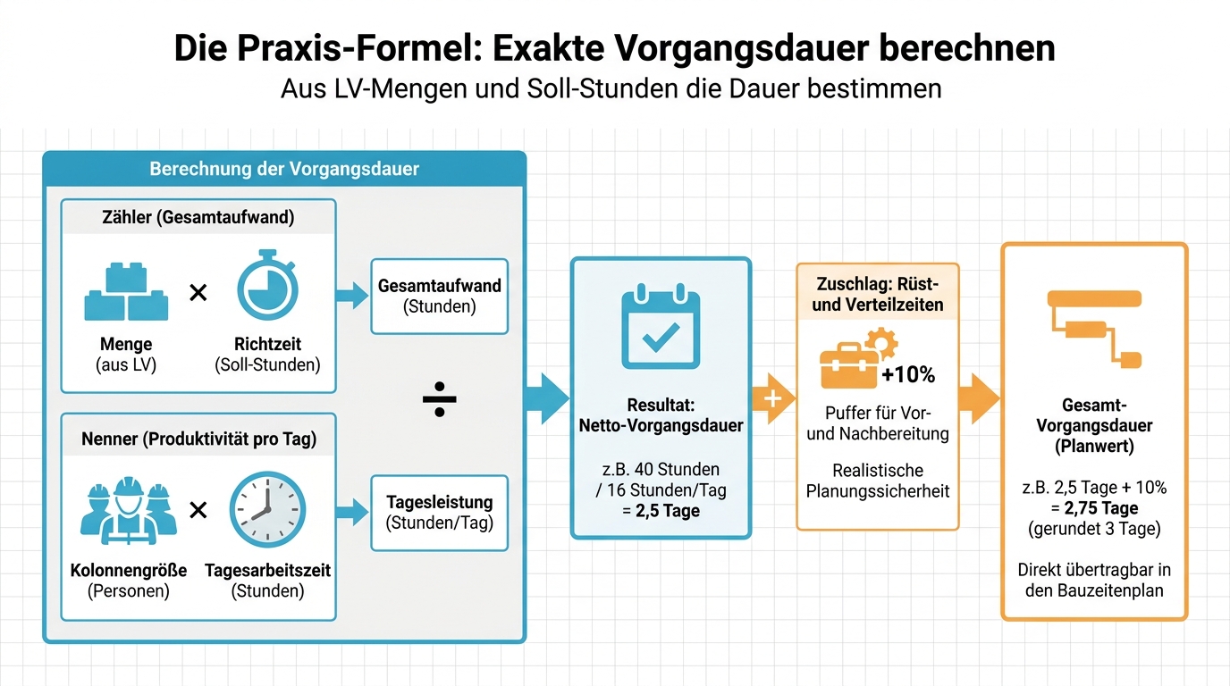 Visualisierung der Berechnungsformel für Vorgangsdauern im Baubetrieb auf Basis von Mengen und Lohnstunden
