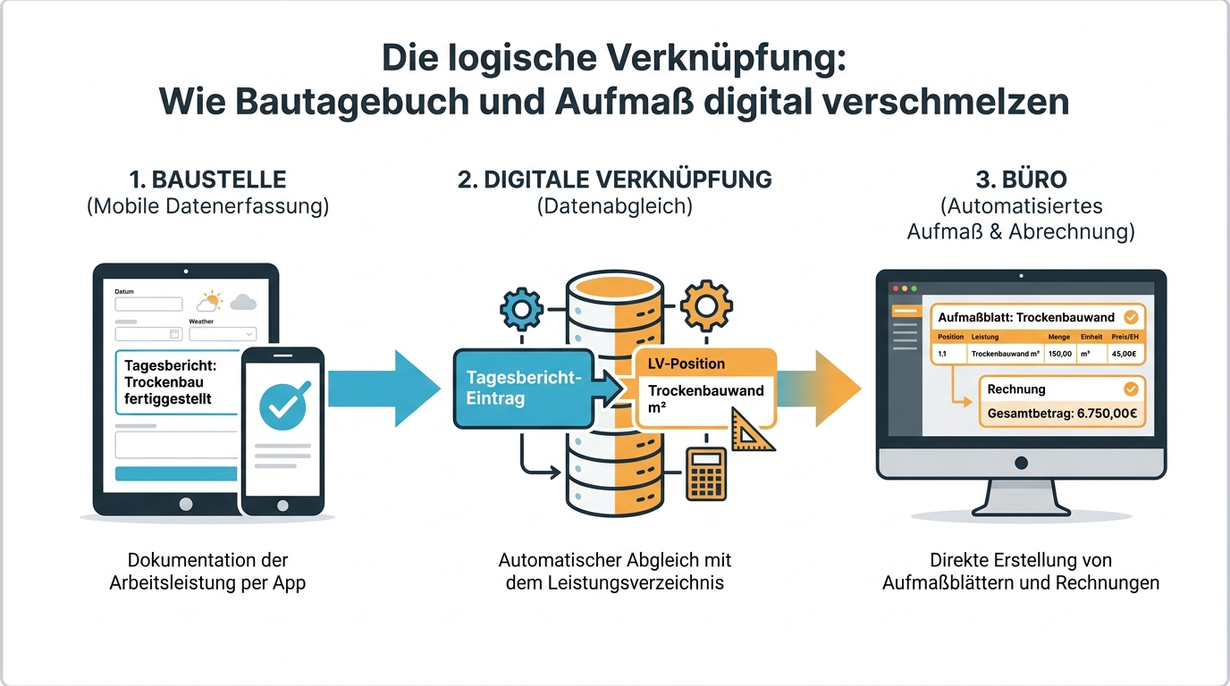Prozessgrafik zur automatischen Übertragung von Mengenmeldungen aus dem mobilen Tagesbericht direkt in die passende Leistungsverzeichnis-Position für die Abrechnung.