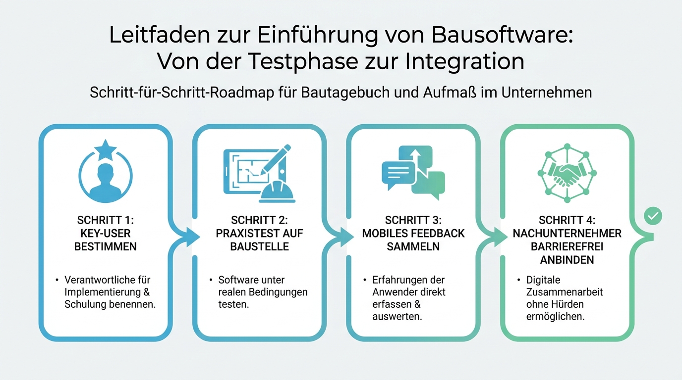Vierstufiger Leitfaden zur erfolgreichen Einführung von Bausoftware, von der Key-User-Auswahl über den Praxistest bis zur Nachunternehmer-Anbindung.