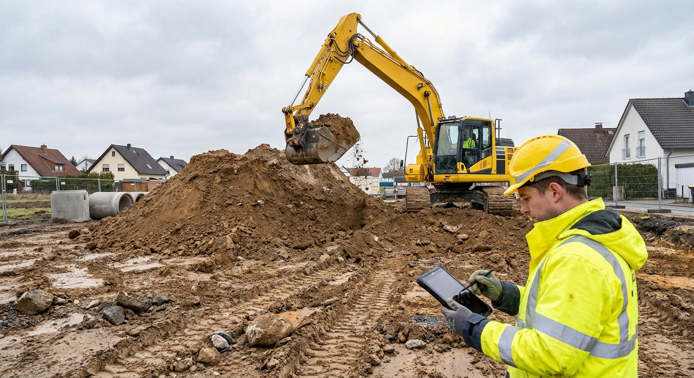 Ein gelber Kettenbagger bei Erdarbeiten auf einer Tiefbaustelle, überwacht von einem Mitarbeiter mit Tablet zur digitalen Erfassung der Erdmassen.