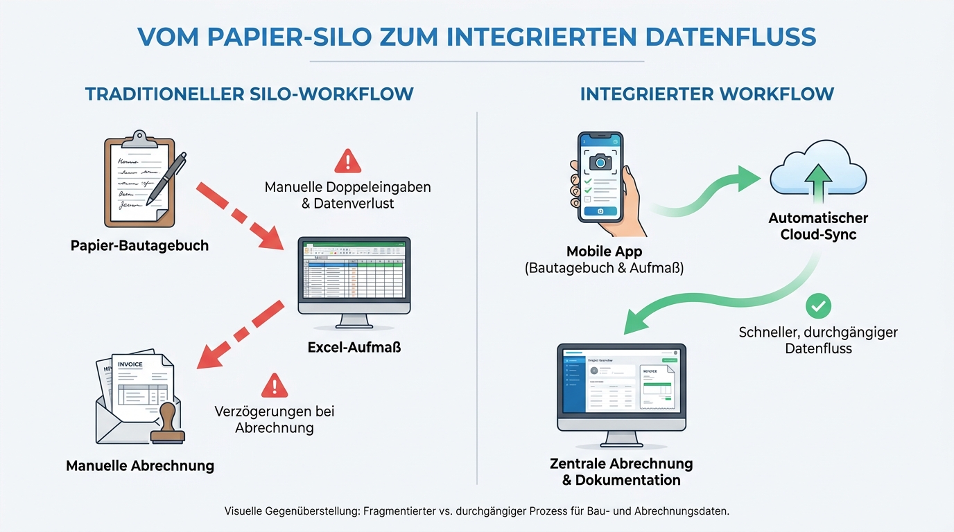 Infografik zum Vergleich zwischen manuellem Silo-Workflow mit Datenverlusten und einem modernen integrierten digitalen Prozess.