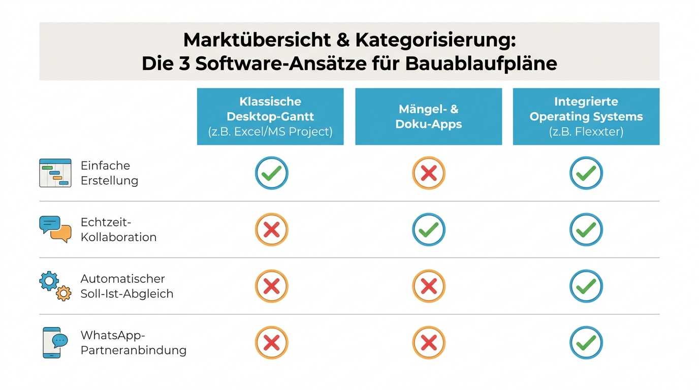 Vergleichstabelle der drei Kategorien von Bauablaufplan-Software