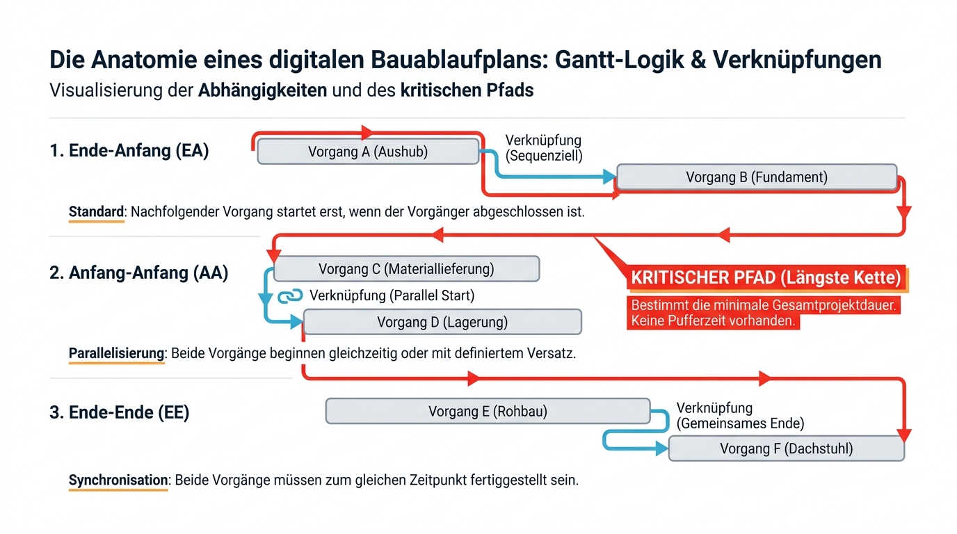 Infografik zu Vorgangsverknüpfungen und kritischem Pfad im Bauablaufplan