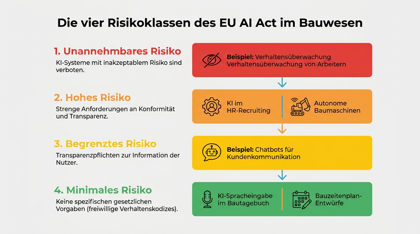Infografik der vier Risikoklassen des EU AI Acts im Bauwesen mit konkreten Anwendungsbeispielen.